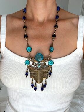 Large Vintage Art Deco Czech Blue Glass & Brass Butterfly Necklace